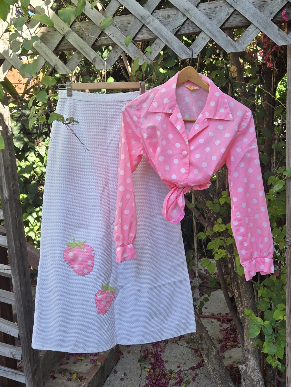 🍓 Sale! Vintage 60s 70s Pink Strawberry Skirt Blouse Set